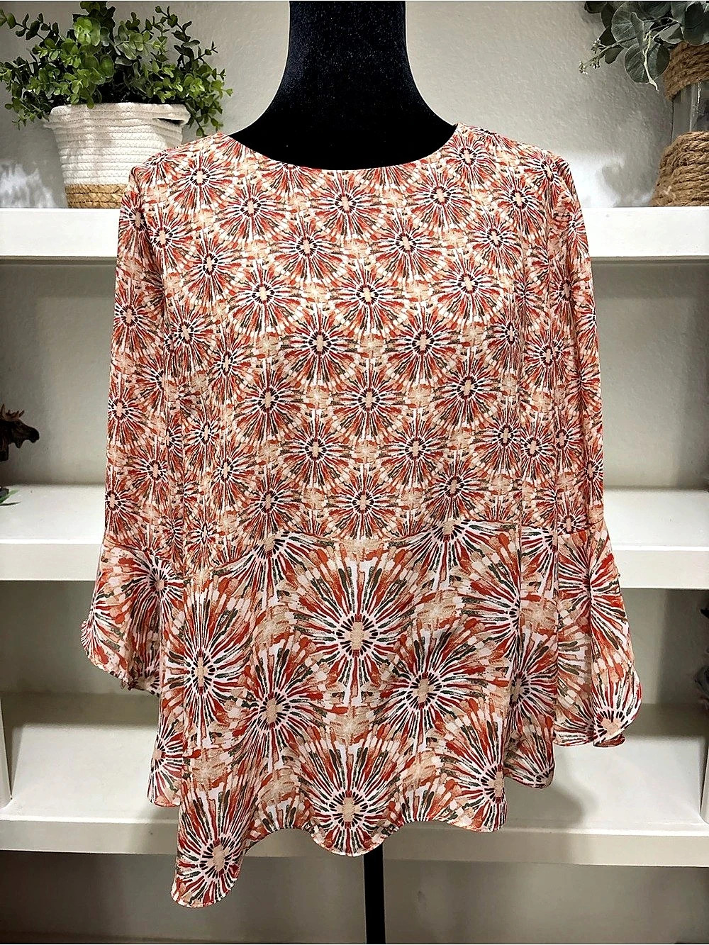 KASPER Printed Flounce Sleeve Blouse Red & White Size XL